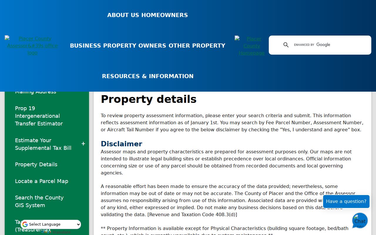 Placer County street directory property details search